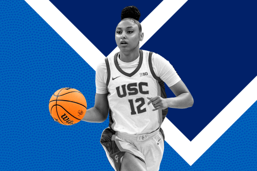 photo of juju watkins holding a basketball while wearing a usc jersey with the number 12